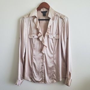 WHBM Silk Stretch Tan Ruffled Button Up Blouse